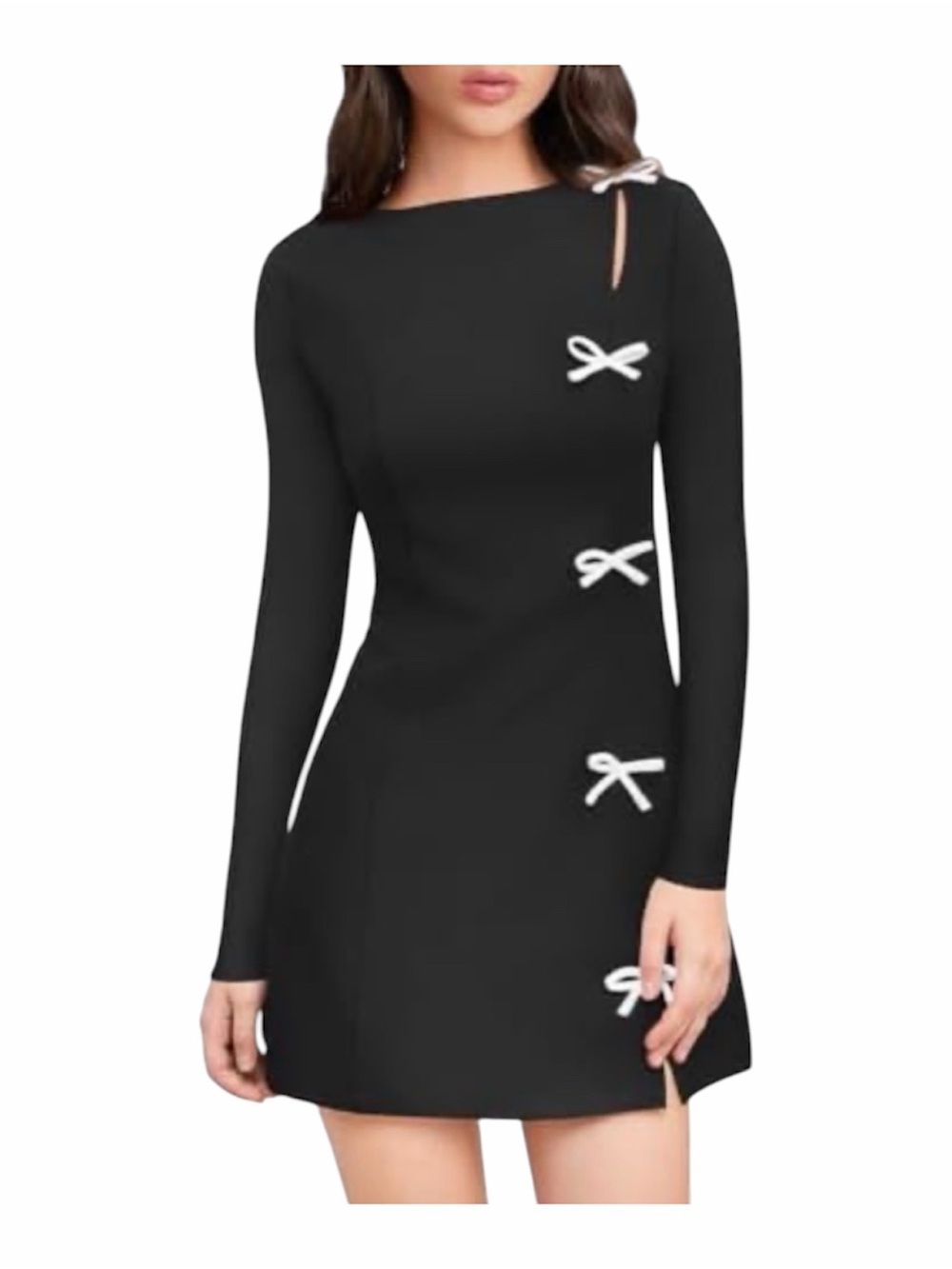A202 XXTAXN Black Boat Neck Long-Sleeve Bow Accent Y2k A Line Mini Small Dress